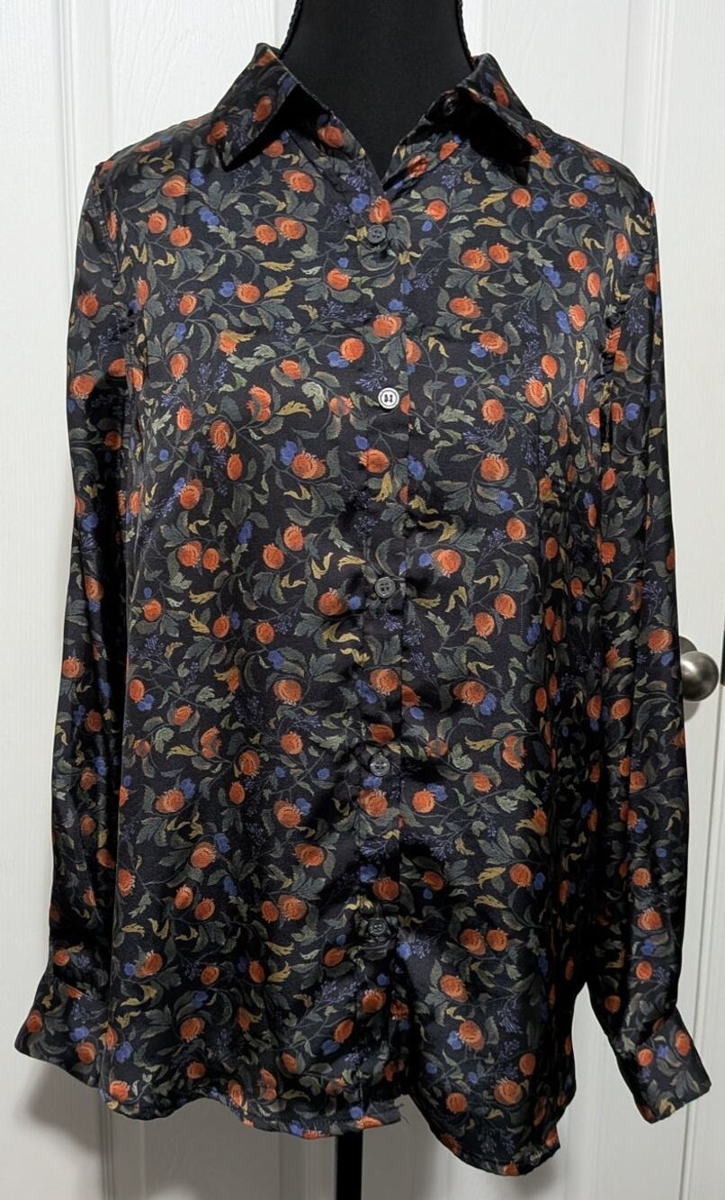 Elie Tahari Pomegranate Botanical Floral Print Button-Up Blouse Top - Medium